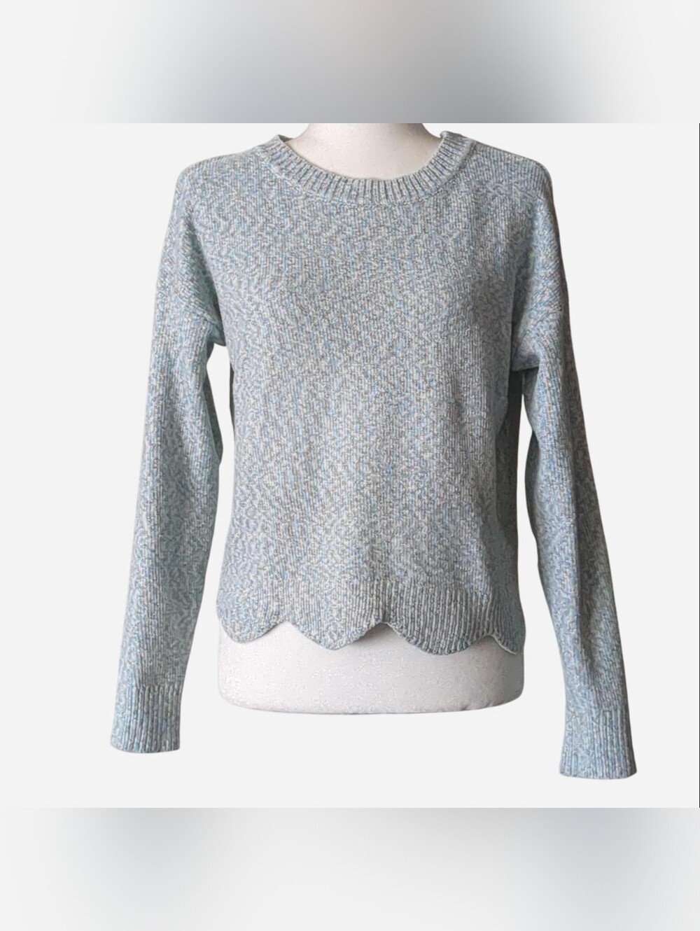 Alya Scalloped Hem Marled Knit Sweater - Size M - Soft Blue/White Mix